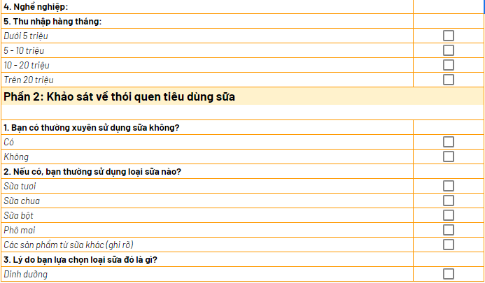 Mẫu bảng câu hỏi khảo sát thị trường sữa