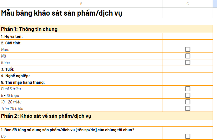 Mẫu bảng câu hỏi khảo sát dịch vụ